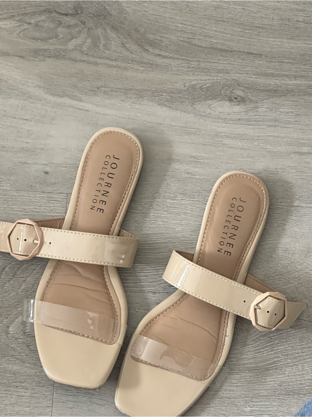 Journee Collection Beige Patent Slide Sandals with Clear Strap